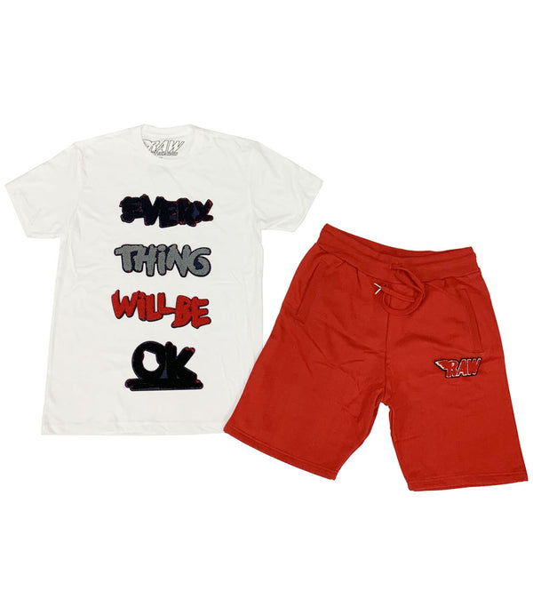 Everything Will Be Okay Chenille Crew Neck and Cotton Shorts Set - White Tees / Red Shorts - Rawyalty Clothing