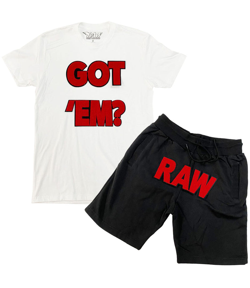 Men GOT EM? Red Chenille Crew Neck and Basic RAW Red Chenille Cotton Shorts Set - White Tees / Black Shorts - Rawyalty Clothing