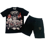 Men Hata Skull Hand Made Sequin Cerw Neck and Cotton Shorts Set - Black Tees / Black Shorts - Rawyalty Clothing