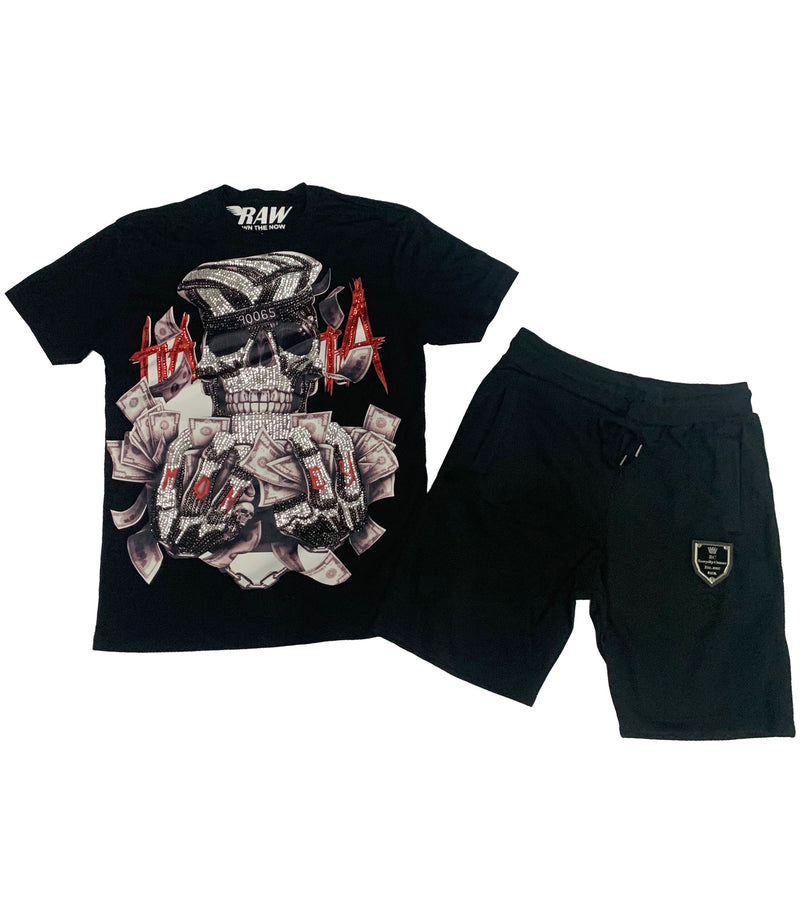 Men Hata Skull Hand Made Sequin Cerw Neck and Cotton Shorts Set - Black Tees / Black Shorts - Rawyalty Clothing