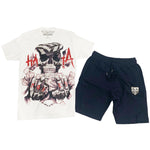 Hata Skull Hand Made Sequin Cerw Neck and Cotton Shorts Set - White Tees / Navy Shorts - Rawyalty Clothing