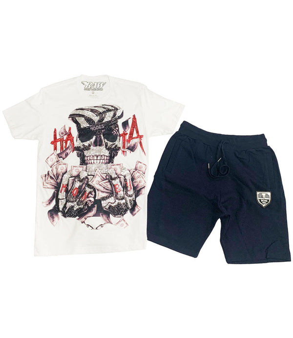 Hata Skull Hand Made Sequin Cerw Neck and Cotton Shorts Set - White Tees / Navy Shorts - Rawyalty Clothing