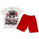 HATA Skull Hand Made Sequin Crew Neck and Cotton Shorts Set - White Tees / Red Shorts - Rawyalty Clothing