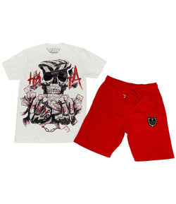 HATA Skull Hand Made Sequin Crew Neck and Cotton Shorts Set - White Tees / Red Shorts - Rawyalty Clothing