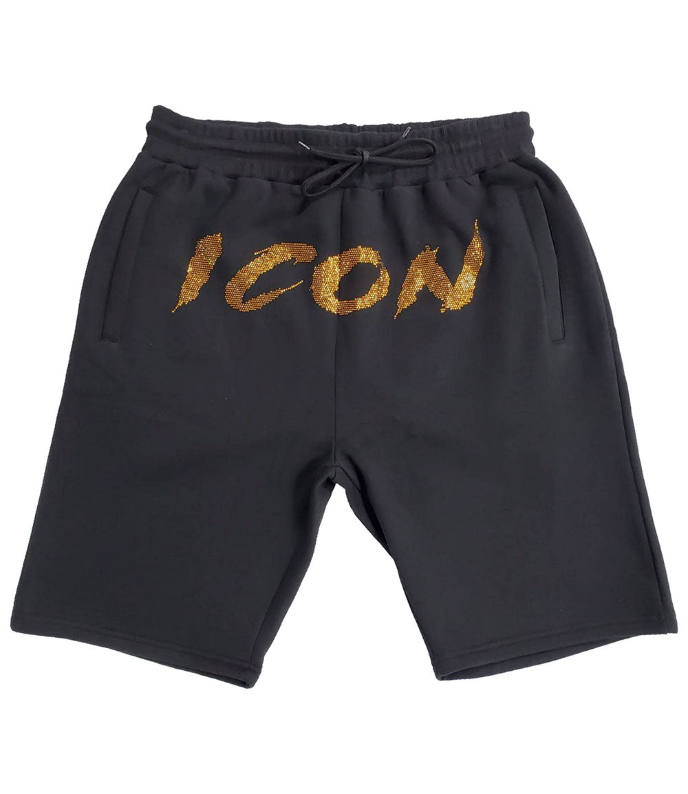 Men Cursive Icon Gold Bling Cotton Shorts - Black - Rawyalty Clothing
