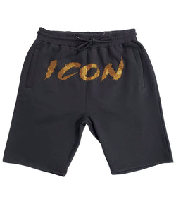 Men Cursive Icon Gold Bling Cotton Shorts - Black - Rawyalty Clothing