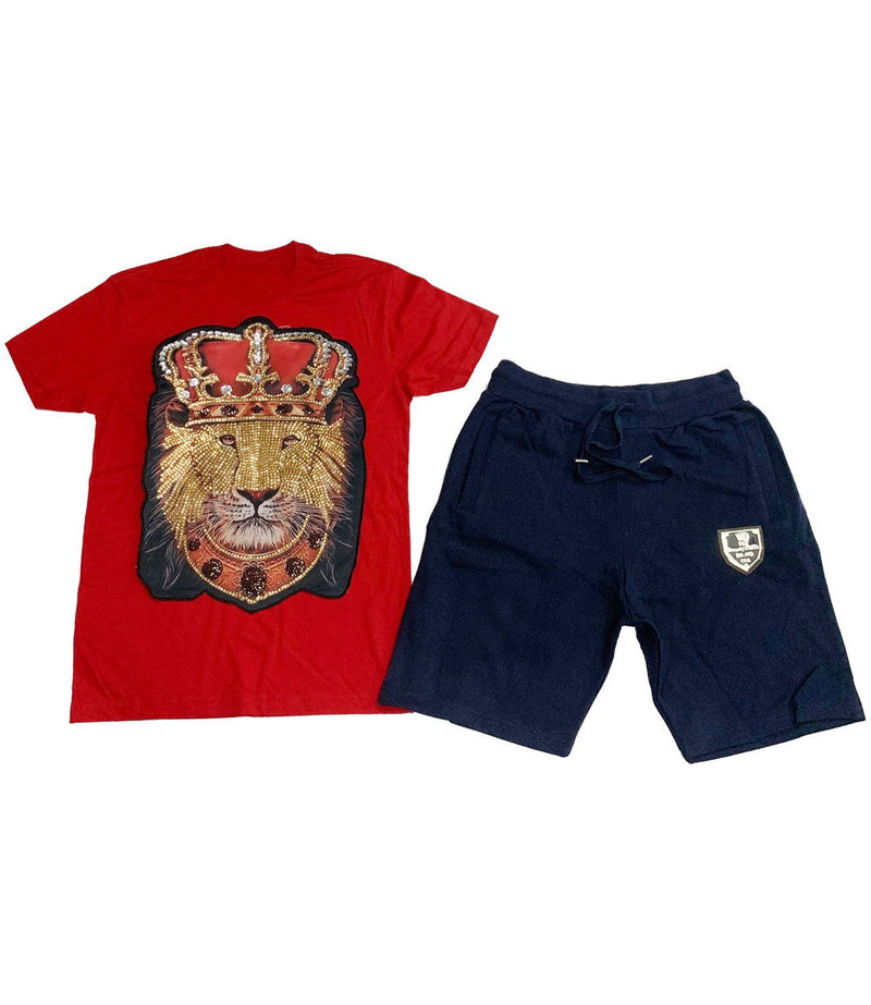 Lion Crown Hand Made Sequin Crew Neck and Cotton Shorts Set - Red Tees / Navy Shorts - Rawyalty Clothing