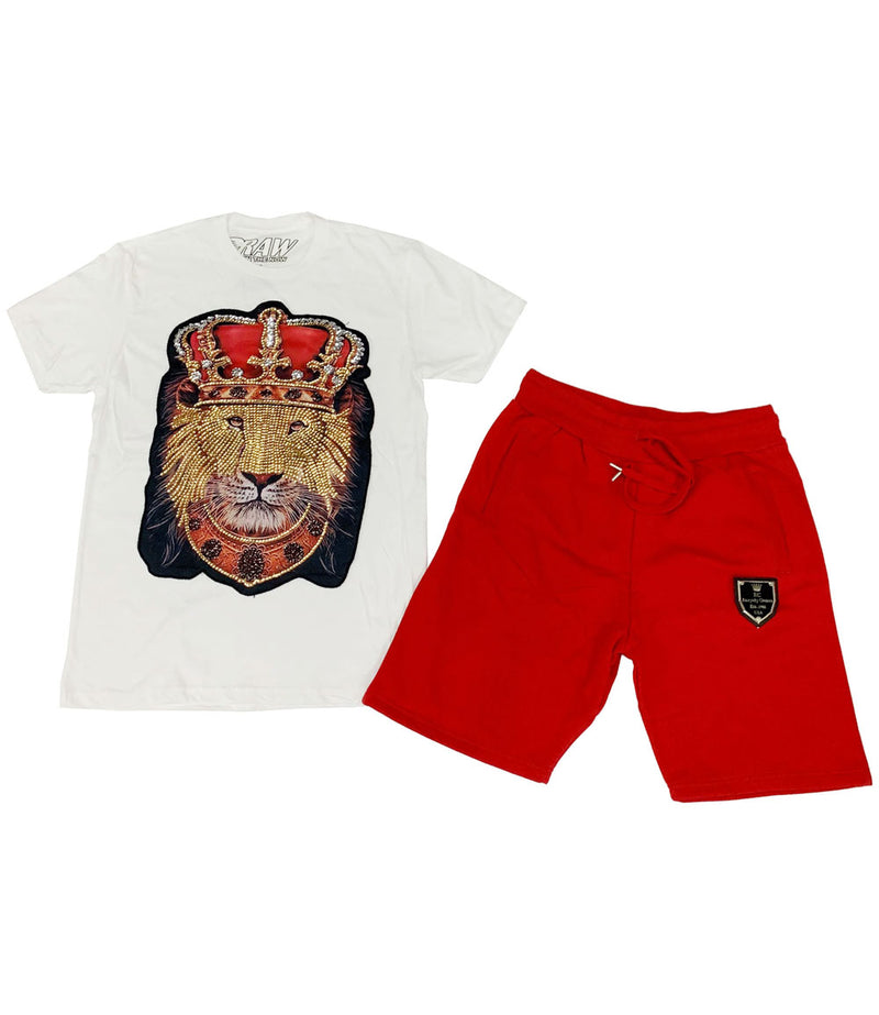 Lion Crown Hand Made Sequin Crew Neck and Cotton Shorts Set - White Tees / Red Shorts - Rawyalty Clothing