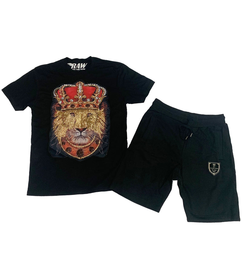 Men Lion Crown Hand Made Sequin Crew Neck and Cotton Shorts Set - Black Tees / Black Shorts - Rawyalty Clothing