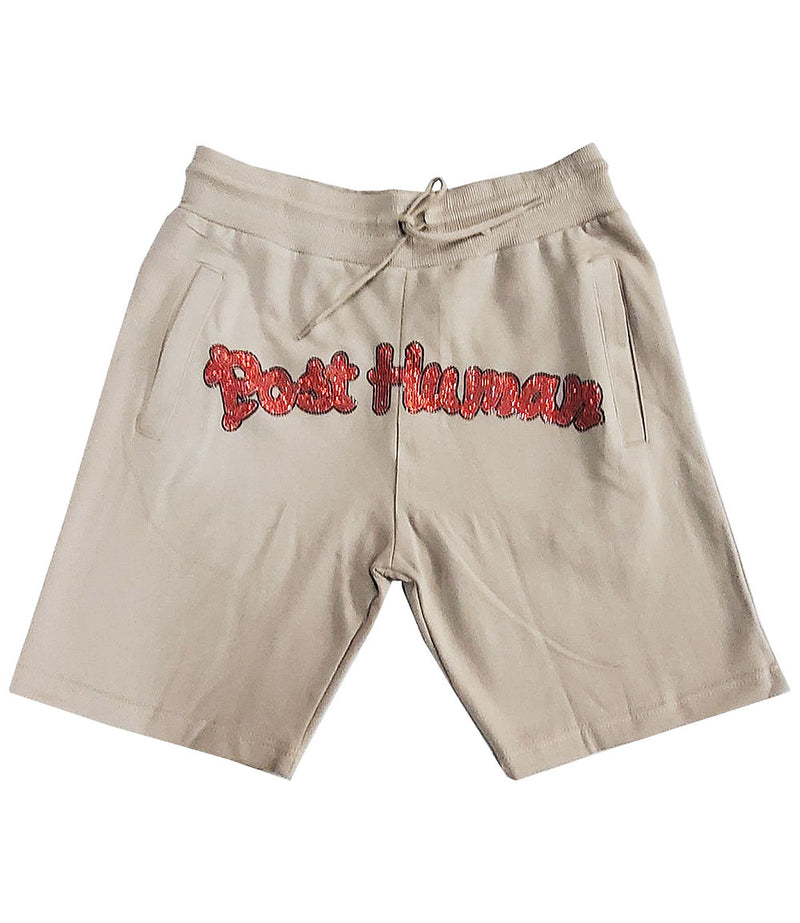 Men Post Human Red Bling Cotton Shorts - Stone - Rawyalty Clothing