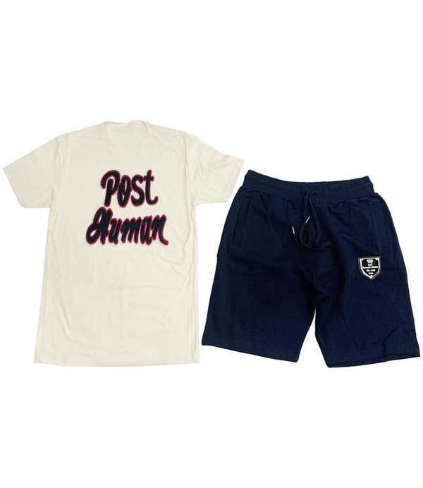 Post Human Chenille Crew Neck and Cotton Shorts Set - Cream Tees / Navy Shorts - Rawyalty Clothing