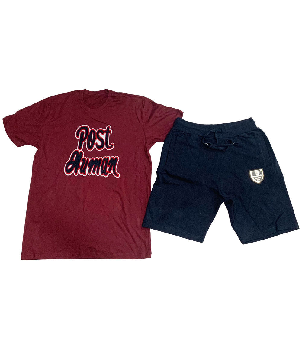 Post Human Chenille Crew Neck and Cotton Shorts Set - Maroon Tees / Navy Shorts - Rawyalty Clothing