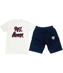Post Human Chenille Crew Neck and Cotton Shorts Set - White Tees / Navy Shorts - Rawyalty Clothing