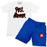 Post Human Chenille Crew Neck and Cotton Shorts Set - White Tees / Royal Shorts - Rawyalty Clothing