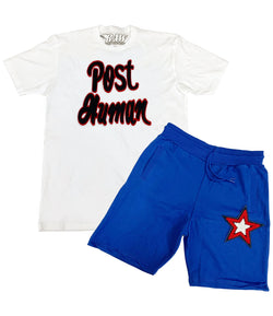 Post Human Chenille Crew Neck and Cotton Shorts Set - White Tees / Royal Shorts - Rawyalty Clothing