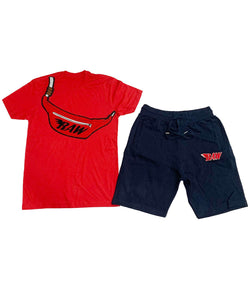 Pouch Chenille Crew Neck and Cotton Shorts Set - Red Tess / Navy Shorts - Rawyalty Clothing