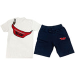 Pouch Chenille Crew Neck and Cotton Shorts Set - White Tees / Navy Shorts - Rawyalty Clothing