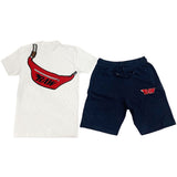 Pouch Chenille Crew Neck and Cotton Shorts Set - White Tees / Navy Shorts - Rawyalty Clothing