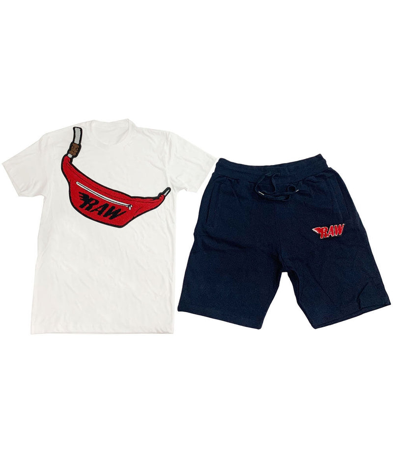 Pouch Chenille Crew Neck and Cotton Shorts Set - White Tees / Navy Shorts - Rawyalty Clothing
