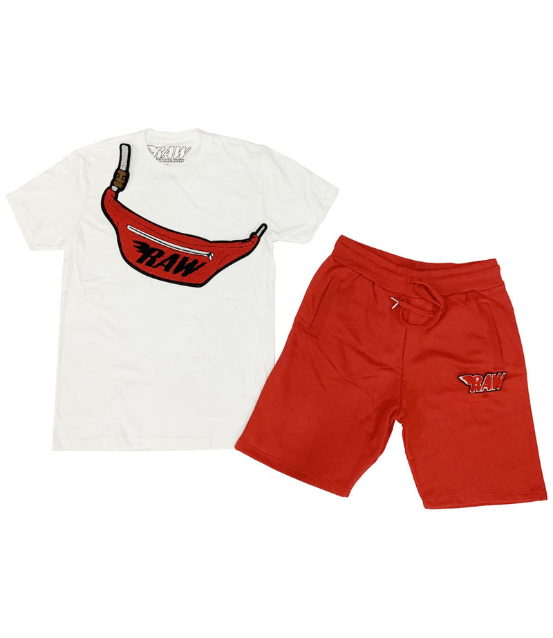 Pouch Chenille Crew Neck and Cotton Shorts Set - White Tees / Red Shorts - Rawyalty Clothing