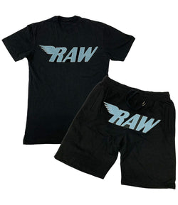 Men RAW Baby Blue Chenille Crew Neck and Cotton Shorts Set - Black Tees / Black Shorts - Rawyalty Clothing