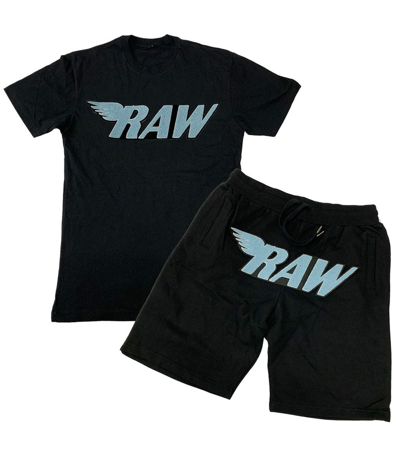 Men RAW Baby Blue Chenille Crew Neck and Cotton Shorts Set - Black Tees / Black Shorts - Rawyalty Clothing