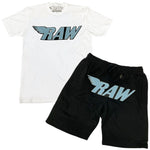 Men RAW Baby Blue Chenille Crew Neck and Cotton Shorts Set - White Tees / Black Shorts - Rawyalty Clothing