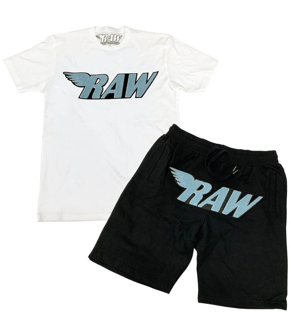 Men RAW Baby Blue Chenille Crew Neck and Cotton Shorts Set - White Tees / Black Shorts - Rawyalty Clothing