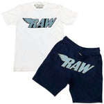 RAW Baby Blue Chenille Crew Neck and Cotton Shorts Set - White Tees / Navy Shorts - Rawyalty Clothing