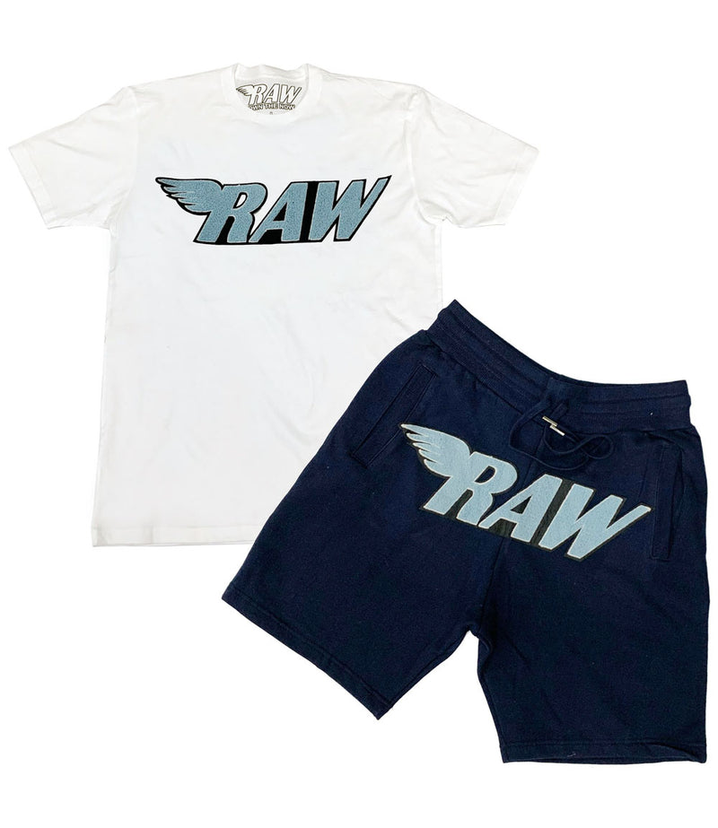RAW Baby Blue Chenille Crew Neck and Cotton Shorts Set - White Tees / Navy Shorts - Rawyalty Clothing