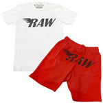 RAW Black Bling Crew Neck and Cotton Shorts Set - White Tees / Red Shorts - Rawyalty Clothing