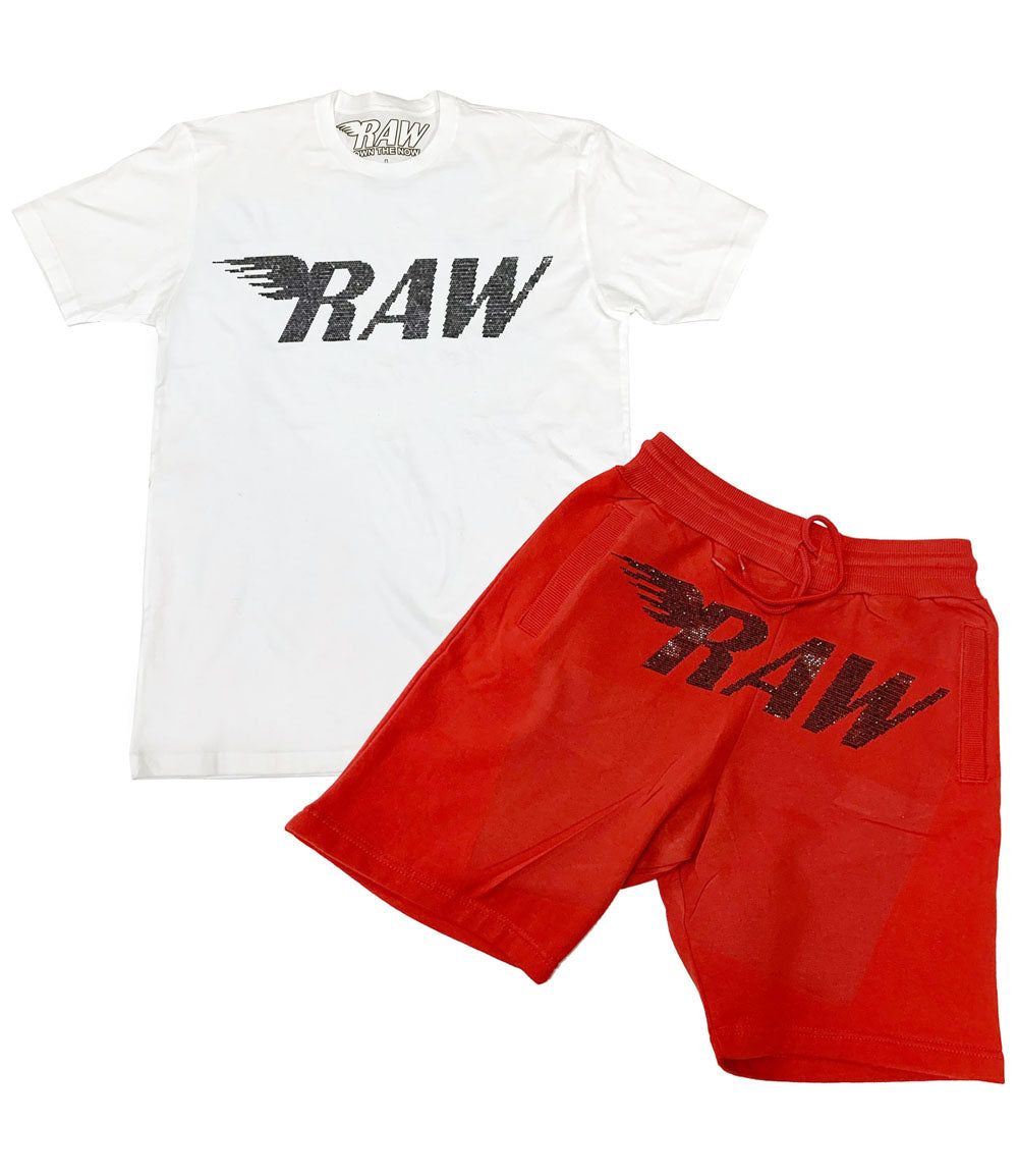 RAW Black Bling Crew Neck and Cotton Shorts Set - White Tees / Red Shorts - Rawyalty Clothing