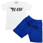 RAW Black Bling Crew Neck and Cotton Shorts Set - White Tees / Royal Shorts - Rawyalty Clothing