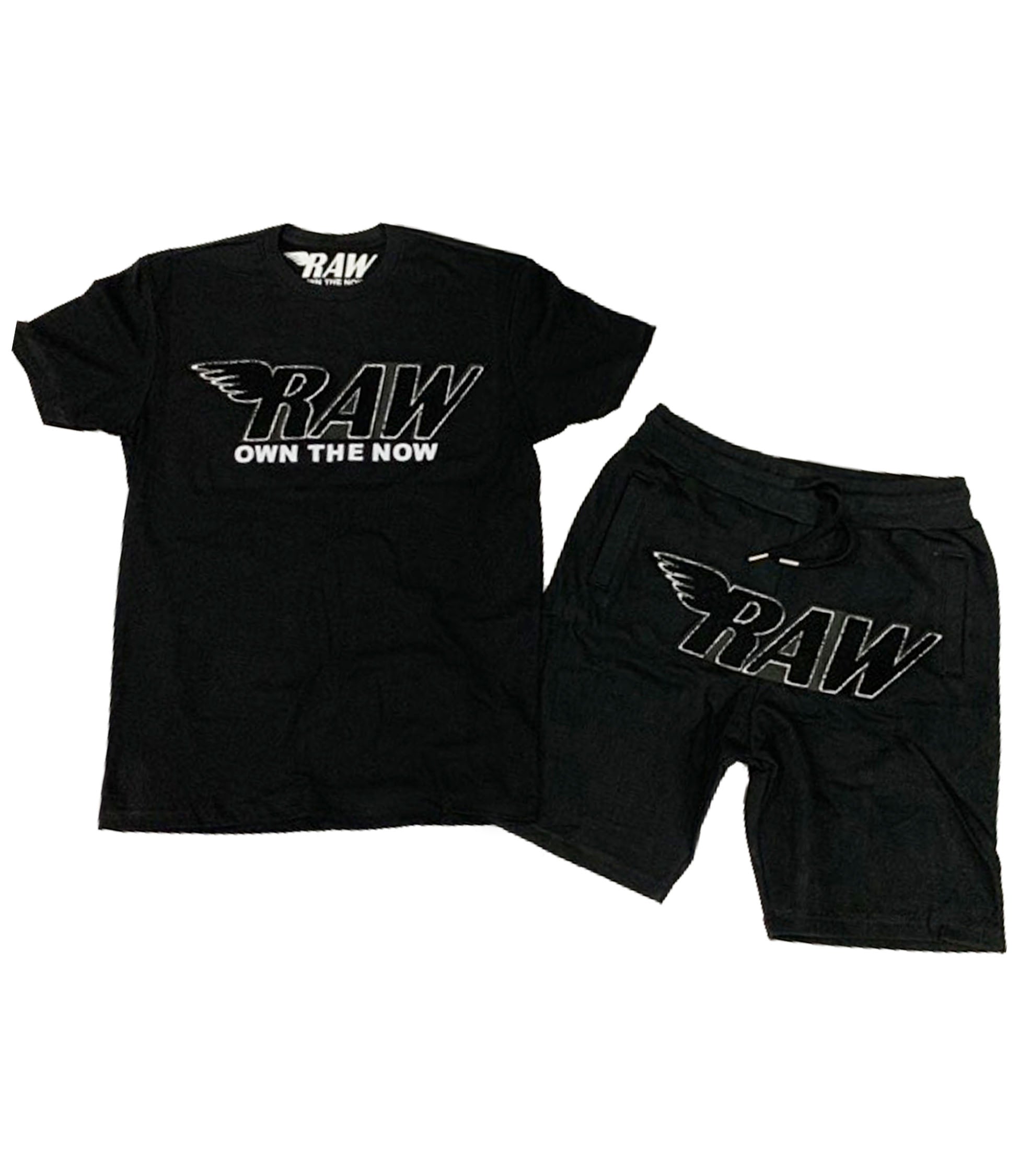 Men RAW Black Chenille Crew Neck and Cotton Shorts Set - Black Tees / Black Shorts - Rawyalty Clothing