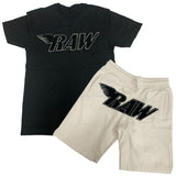RAW Black Chenille Crew Neck and Cotton Shorts Set - Black Tees / Cream Shorts - Rawyalty Clothing