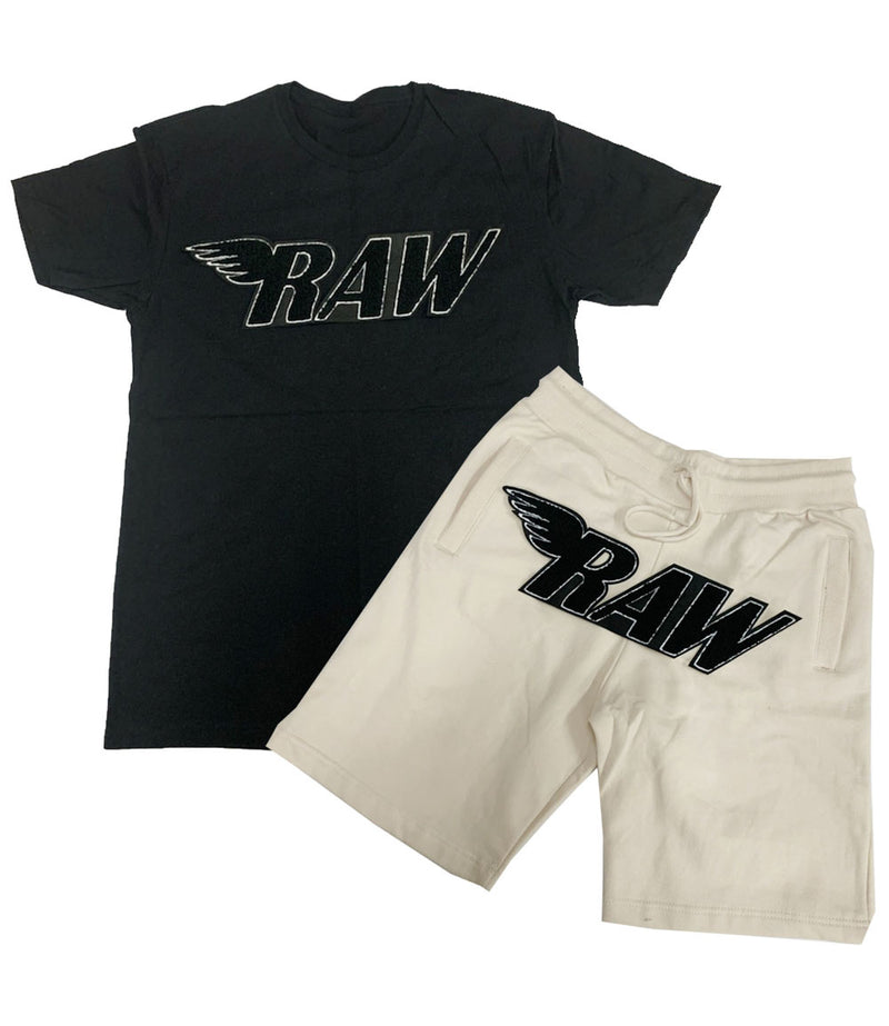 RAW Black Chenille Crew Neck and Cotton Shorts Set - Black Tees / Cream Shorts - Rawyalty Clothing