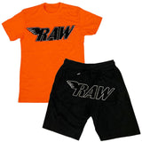 Men RAW Black Chenille Crew Neck and Cotton Shorts Set - Orange Tees / Black Shorts - Rawyalty Clothing