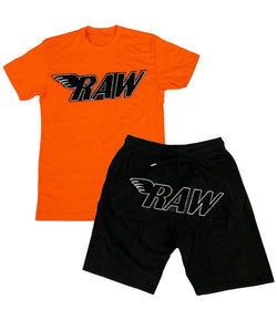 Men RAW Black Chenille Crew Neck and Cotton Shorts Set - Orange Tees / Black Shorts - Rawyalty Clothing