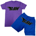 RAW Black Chenille Crew Neck and Cotton Shorts Set - Purple Tees / Royal Shorts - Rawyalty Clothing