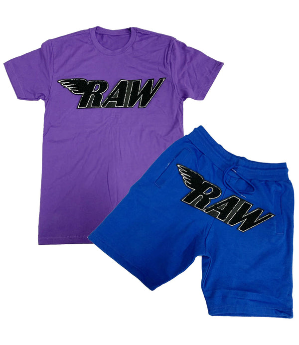 RAW Black Chenille Crew Neck and Cotton Shorts Set - Purple Tees / Royal Shorts - Rawyalty Clothing