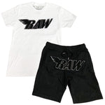 Men RAW Black Chenille Crew Neck and Cotton Shorts Set - White Tees / Black Shorts - Rawyalty Clothing