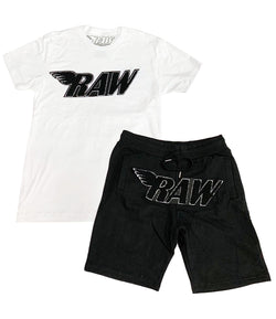 Men RAW Black Chenille Crew Neck and Cotton Shorts Set - White Tees / Black Shorts - Rawyalty Clothing