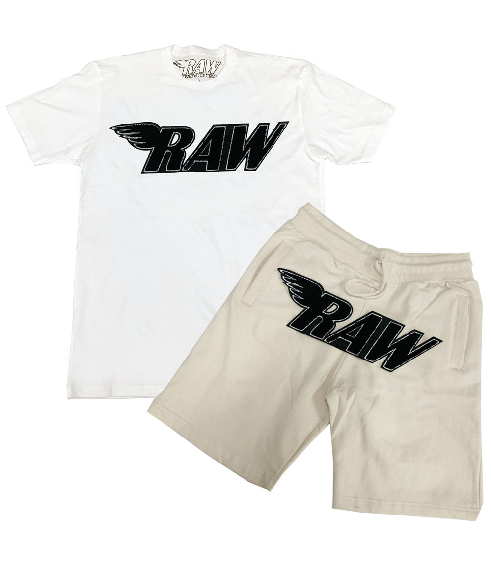 RAW Black Chenille Crew Neck and Cotton Shorts Set - White Tees / Cream Shorts - Rawyalty Clothing