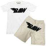 RAW Black Chenille Crew Neck and Cotton Shorts Set - White Tees / Cream Shorts - Rawyalty Clothing
