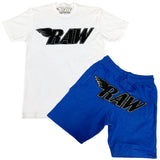 RAW Black Chenille Crew Neck and Cotton Shorts Set - White Tees / Royal Shorts - Rawyalty Clothing