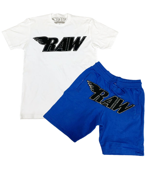 RAW Black Chenille Crew Neck and Cotton Shorts Set - White Tees / Royal Shorts - Rawyalty Clothing