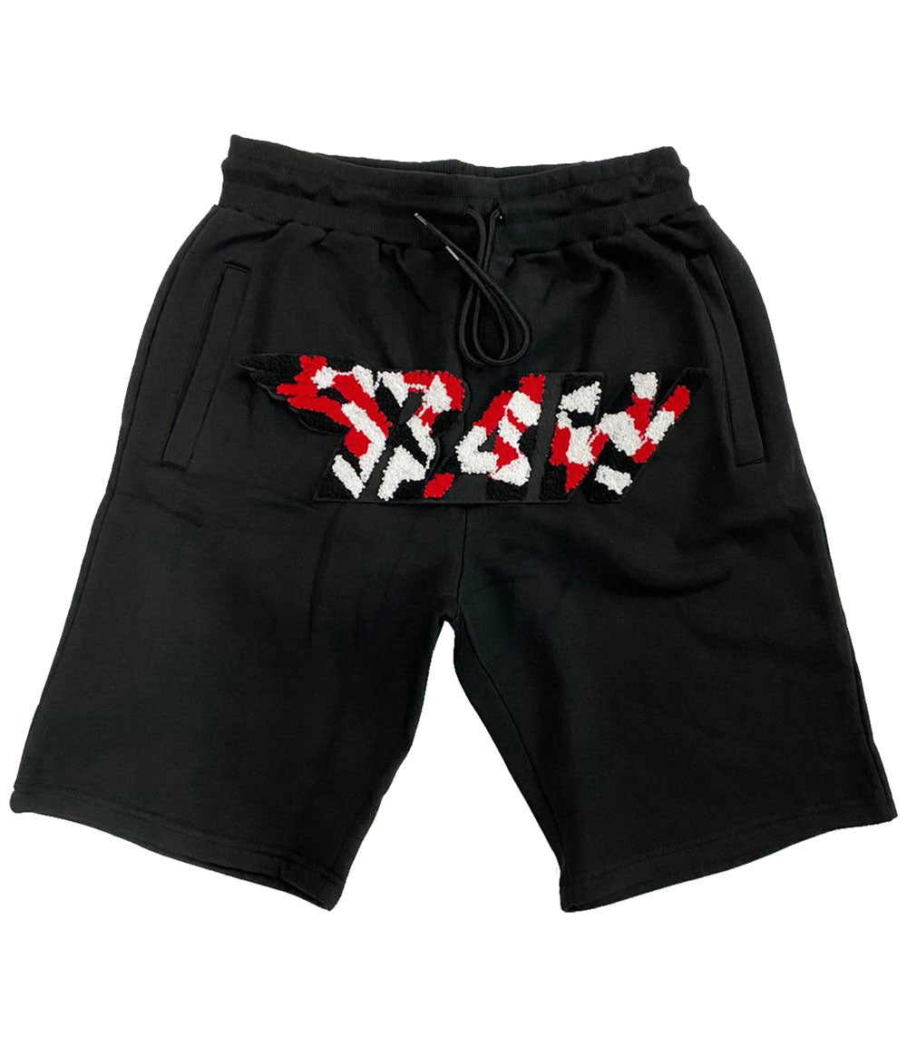Men RAW Camo Red Chenille Cotton Shorts - Black - Rawyalty Clothing