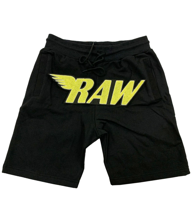Men RAW Bright Yellow Chenille Cotton Shorts - Black - Rawyalty Clothing