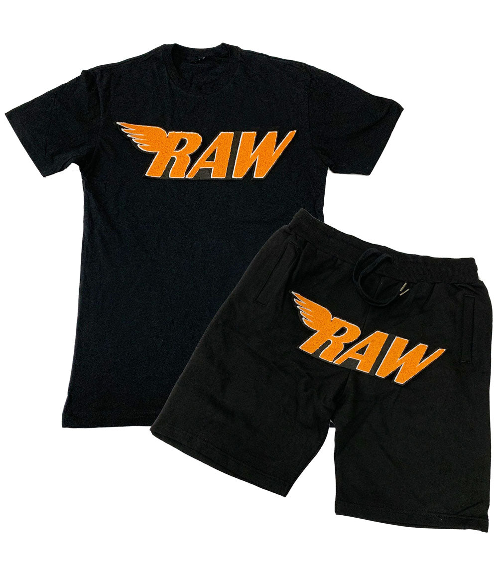 Men RAW Orange Chenille Crew Neck and Cotton Shorts Set - Black Tees / Black Shorts - Rawyalty Clothing