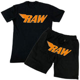 Men RAW Orange Chenille Crew Neck and Cotton Shorts Set - Black Tees / Black Shorts - Rawyalty Clothing